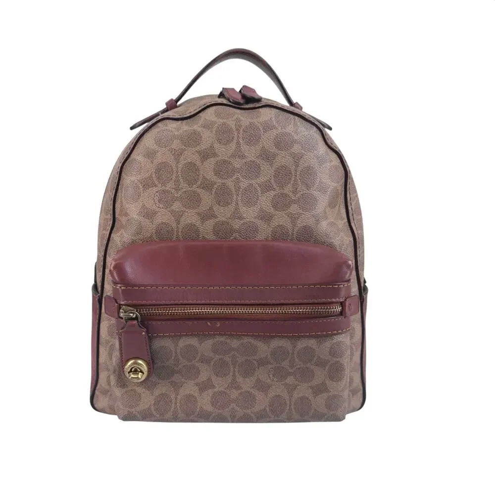 Coach Charlie Signature Canvas Backpack Brown Logo Print Leather Trim gold